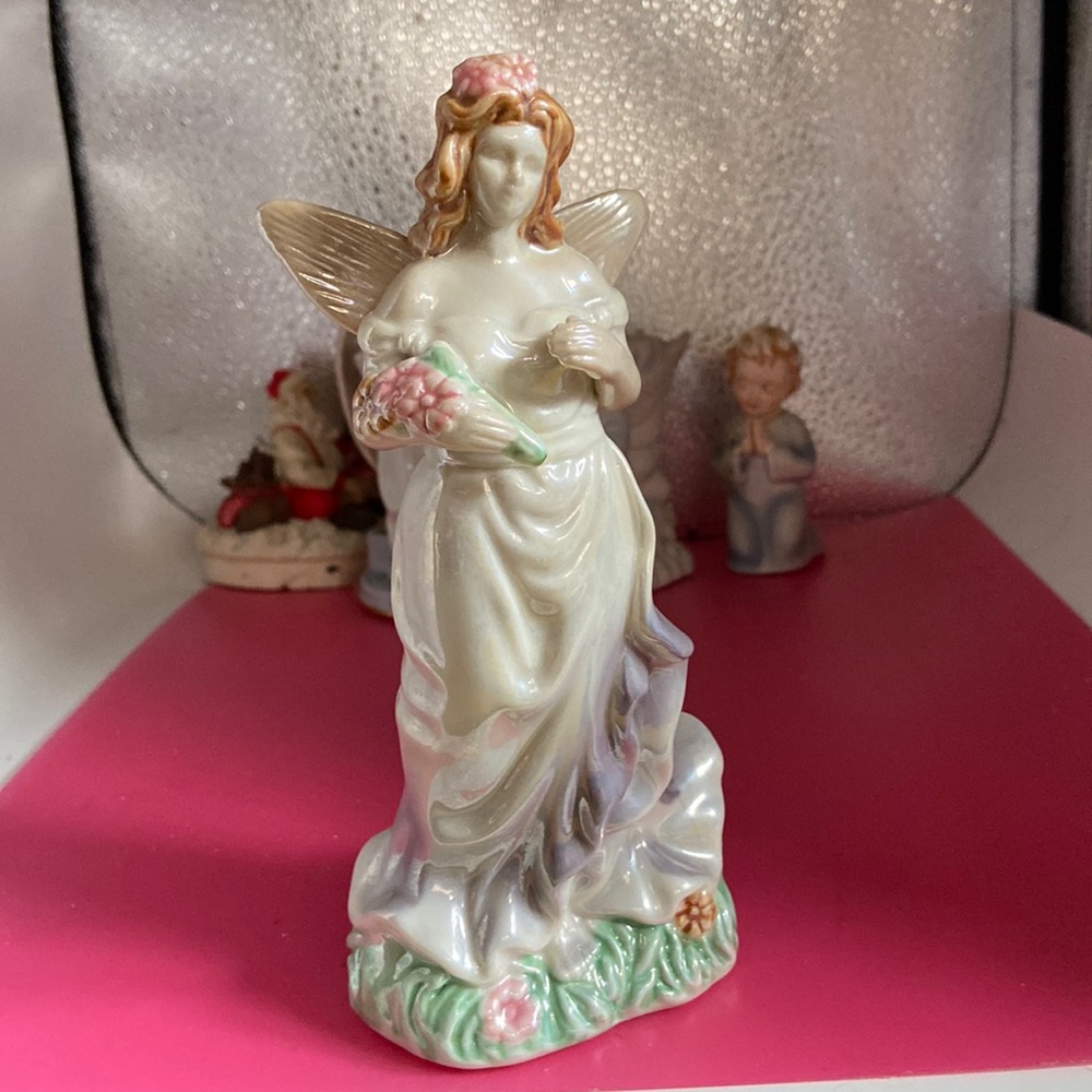 Angel porcelain very flow-y & graceful White and blue & pink flowers